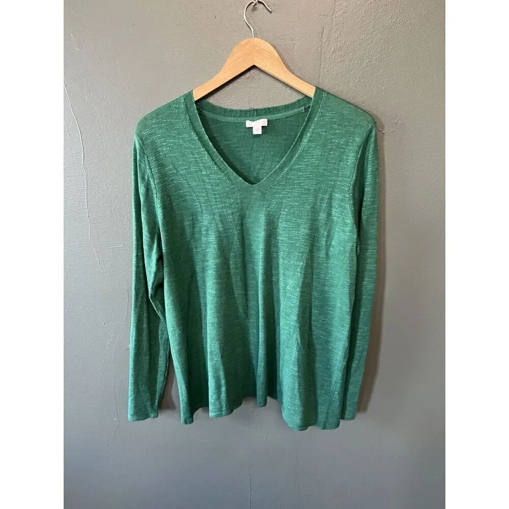 J. Jill Womens Green V-neck Long Sleeve Knit Pullover Sweatshirt Size Large